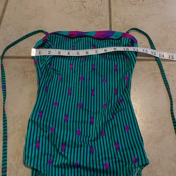 Vintage 80s 90s Teal Purple Magenta Stripe Strapless High Cut Swimsuit Small - Picture 5 of 6